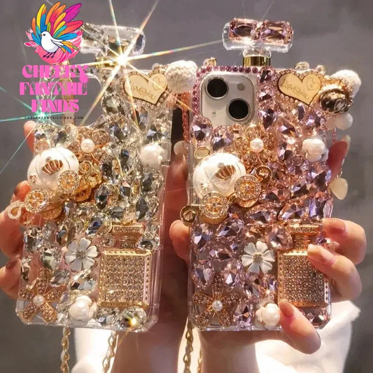 Rhinestone Perfume Bottle Shape Phone Cover with Crystal Pumpkin Pattern, Crossbody, For iPhone 16 15, 14 Pro Max, XR, XS Cheeky Fantail Finds