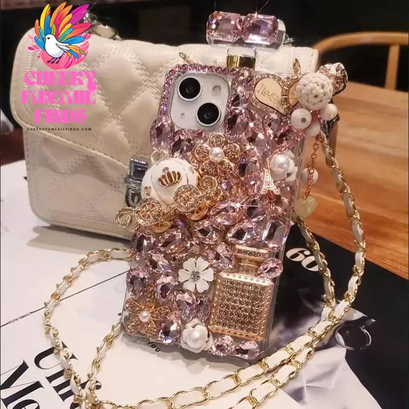 Rhinestone Perfume Bottle Shape Phone Cover with Crystal Pumpkin Pattern, Crossbody, For iPhone 16 15, 14 Pro Max, XR, XS Cheeky Fantail Finds