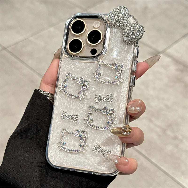 Sanrio Hello Kitty Anime Diamond Three-dimensional Phone Case for IPhone 11 12 13 14 15 Pro Max Plus 16Pro Shockproof Cover Gift