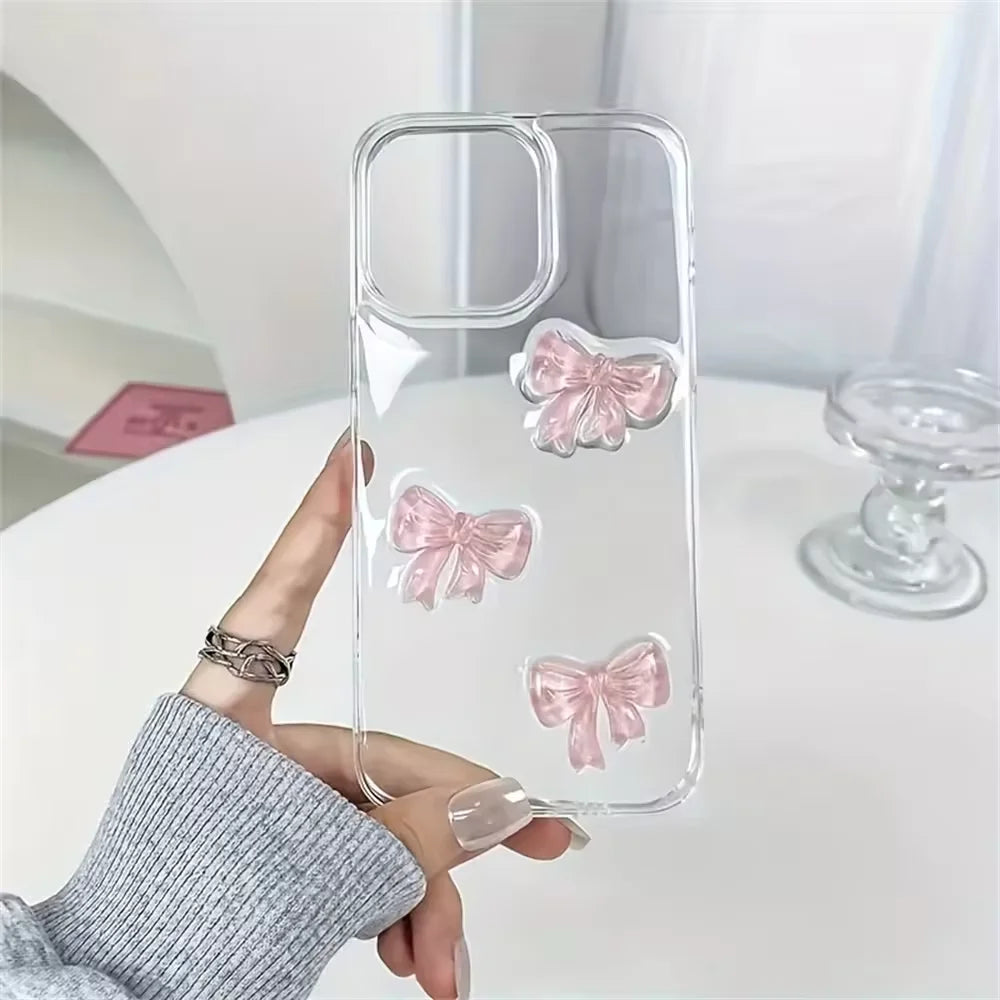 Korean Cute 3D Pink Bowknot Clear Phone Case For iPhone 17 16 15 14 13 12 11 Pro Max 7 8 Plus 17Air Shockproof Transparent Cover