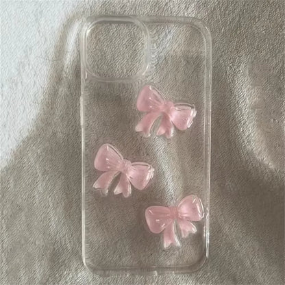 Korean Cute 3D Pink Bowknot Clear Phone Case For iPhone 17 16 15 14 13 12 11 Pro Max 7 8 Plus 17Air Shockproof Transparent Cover