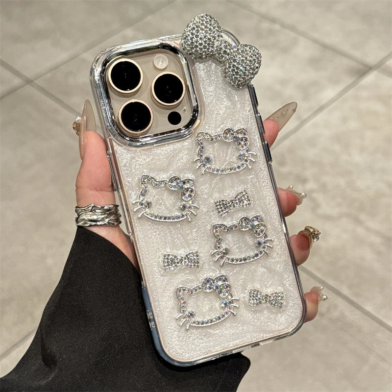 Sanrio Hello Kitty Anime Diamond Three-dimensional Phone Case for IPhone 11 12 13 14 15 Pro Max Plus 16Pro Shockproof Cover Gift