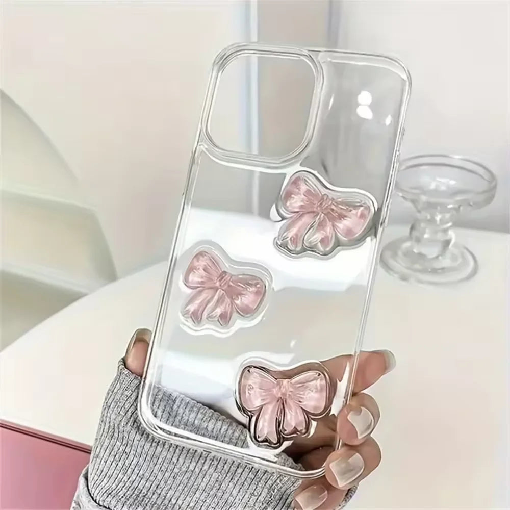 Korean Cute 3D Pink Bowknot Clear Phone Case For iPhone 17 16 15 14 13 12 11 Pro Max 7 8 Plus 17Air Shockproof Transparent Cover