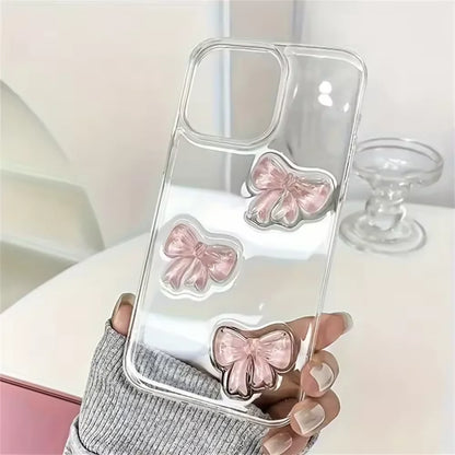 Korean Cute 3D Pink Bowknot Clear Phone Case For iPhone 17 16 15 14 13 12 11 Pro Max 7 8 Plus 17Air Shockproof Transparent Cover
