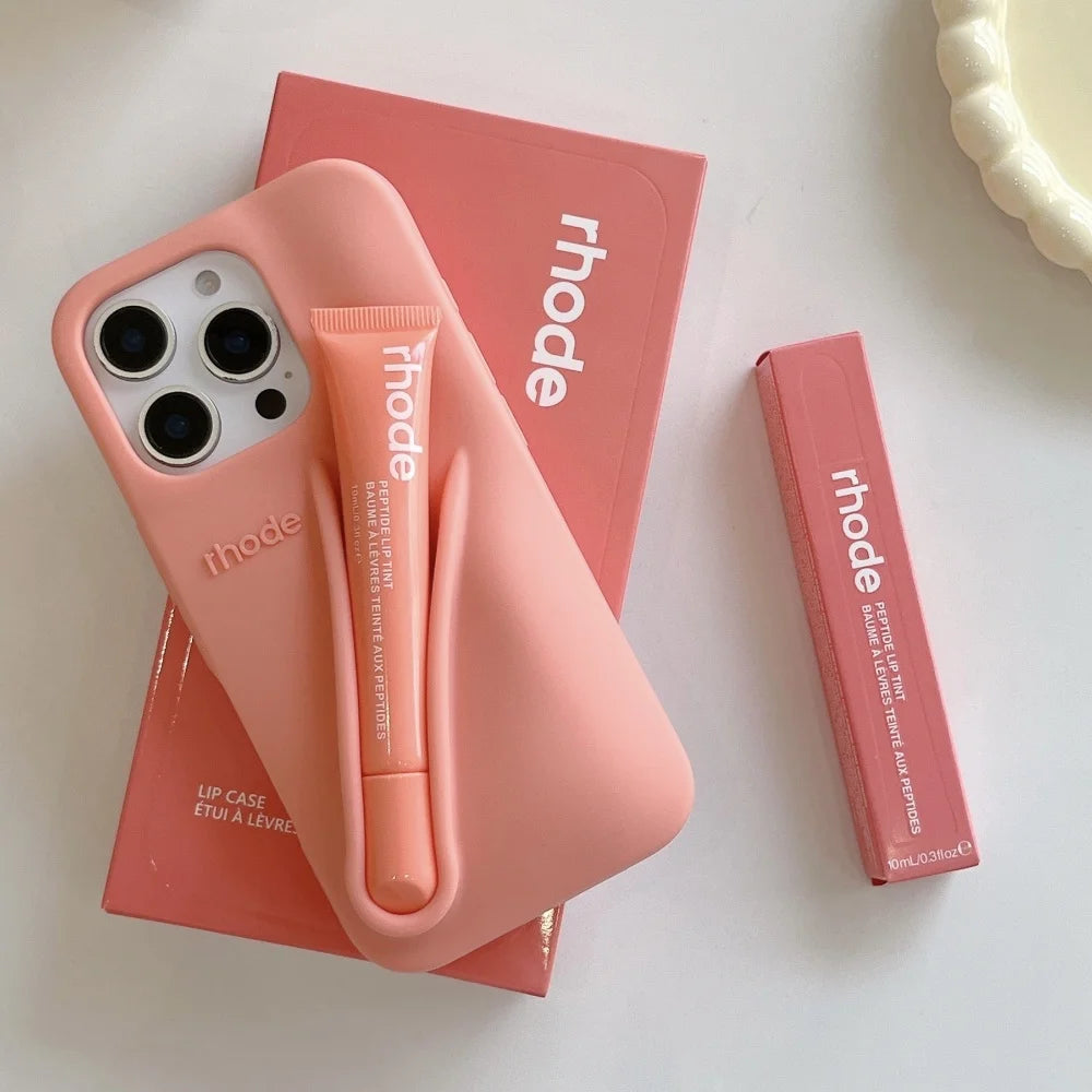 Rhode With Lip Gloss Phone Case for iPhone 16 15 14 13 12 11 Pro Max Plus Lipstick Silicone DIY Toast Espresso Ribbon Box Cover
