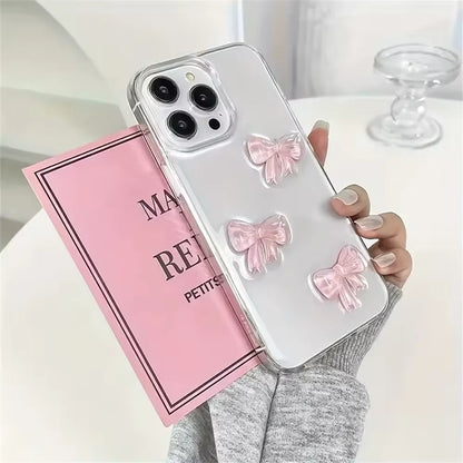 Korean Cute 3D Pink Bowknot Clear Phone Case For iPhone 17 16 15 14 13 12 11 Pro Max 7 8 Plus 17Air Shockproof Transparent Cover