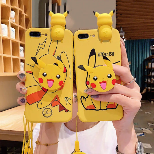 For iPhone 6 6s 7 8 X Xs Max XR 11 12 13 14 15 16 Pro Max SE Pokemon Pikachu Phone Case With Holder Rope