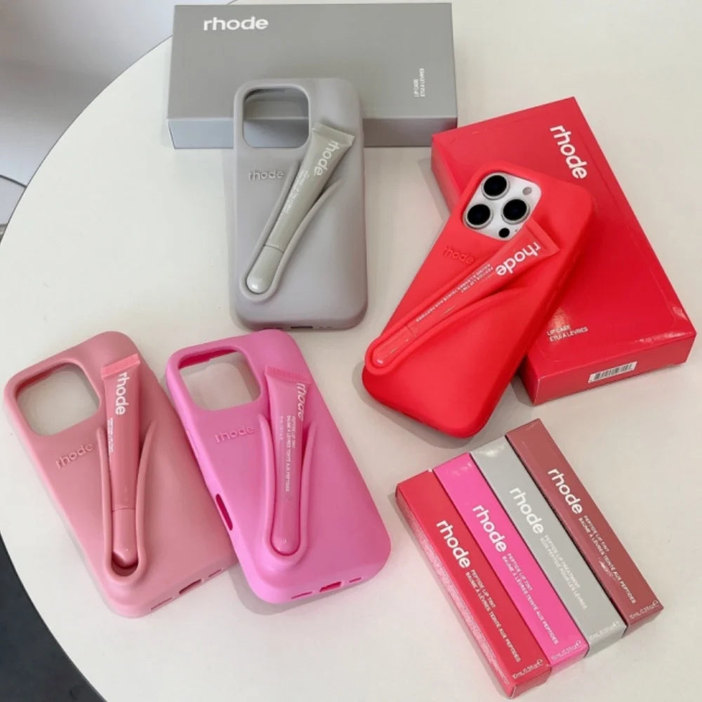 Rhode With Lip Gloss Phone Case for iPhone 16 15 14 13 12 11 Pro Max Plus Lipstick Silicone DIY Toast Espresso Ribbon Box Cover