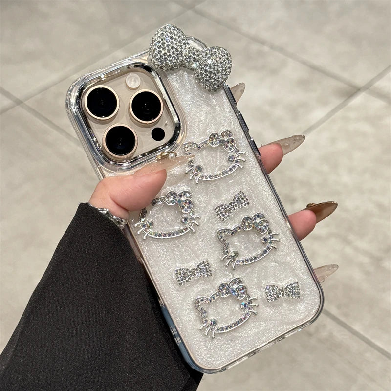 Sanrio Hello Kitty Anime Diamond Three-dimensional Phone Case for IPhone 11 12 13 14 15 Pro Max Plus 16Pro Shockproof Cover Gift
