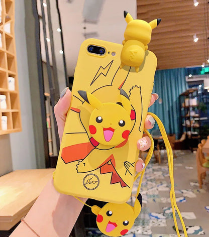 For iPhone 6 6s 7 8 X Xs Max XR 11 12 13 14 15 16 Pro Max SE Pokemon Pikachu Phone Case With Holder Rope