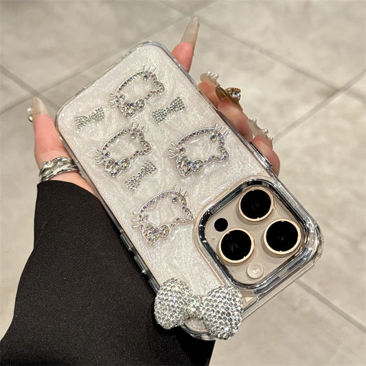 Sanrio Hello Kitty Anime Diamond Three-dimensional Phone Case for IPhone 11 12 13 14 15 Pro Max Plus 16Pro Shockproof Cover Gift