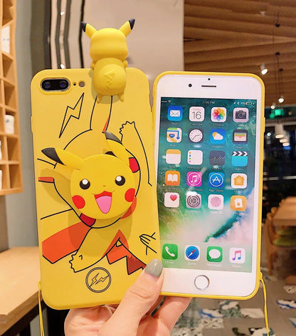 For iPhone 6 6s 7 8 X Xs Max XR 11 12 13 14 15 16 Pro Max SE Pokemon Pikachu Phone Case With Holder Rope