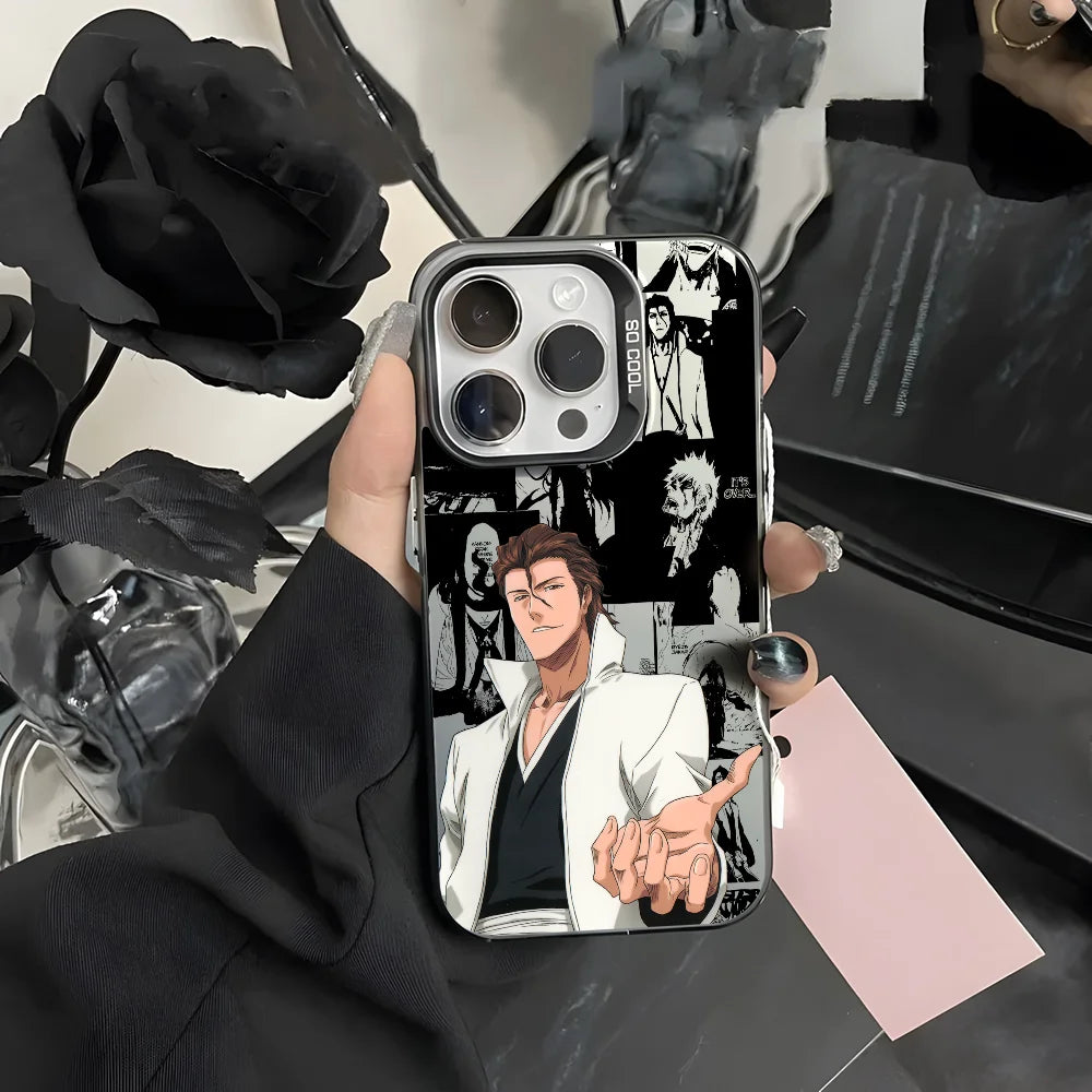 Anime S-Sosuke Aizen Phone Case For iPhone 16 15 14 13 12 11 Pro Max Black Purple Matte Laser Metallic Aurora Funda