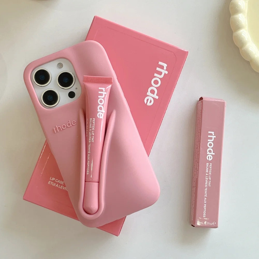 Rhode With Lip Gloss Phone Case for iPhone 16 15 14 13 12 11 Pro Max Plus Lipstick Silicone DIY Toast Espresso Ribbon Box Cover