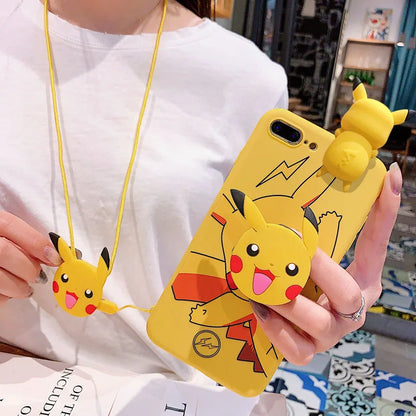 For iPhone 6 6s 7 8 X Xs Max XR 11 12 13 14 15 16 Pro Max SE Pokemon Pikachu Phone Case With Holder Rope