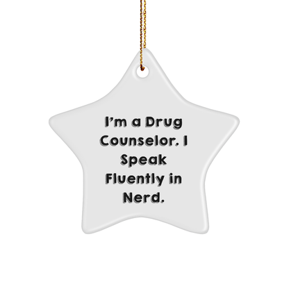 Gifts from Friends for a Drug Counselor - Funny Star Ornament, 'I'm A Drug Counselor. I Speak Fluently In genius.' Quote, Christmas Decoration, MDF Material, Sublimation Printing, Gold Cord - Image 1