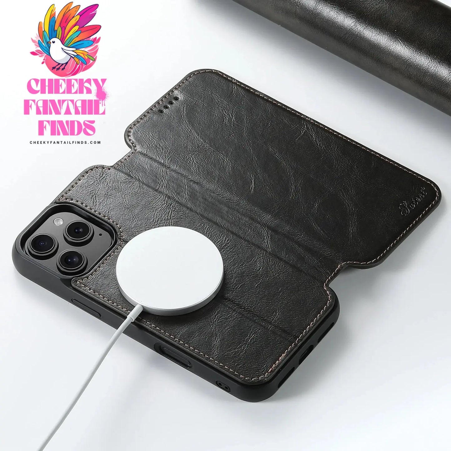 SUTENI Wireless Charging PU Leather Card Holder Stand Wallet Magnet Flip Cover Phone Case For iPhone 16 Pro Max 15 Plus 14 13 12 Cheeky Fantail Finds