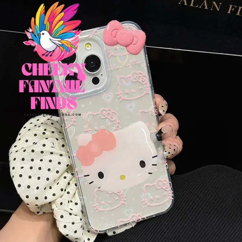 Sanrio Hello Kitty Bow Kawaii Holder Phone Case For iPhone 16 15 14 12 13 11 Pro Max XR XS MAX 7 8 PLUS MINI Y2K Bow Laser Cover Cheeky Fantail Finds