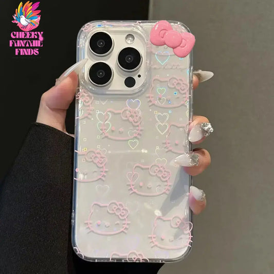 Sanrio Hello Kitty Bow Kawaii Holder Phone Case For iPhone 16 15 14 12 13 11 Pro Max XR XS MAX 7 8 PLUS MINI Y2K Bow Laser Cover Cheeky Fantail Finds