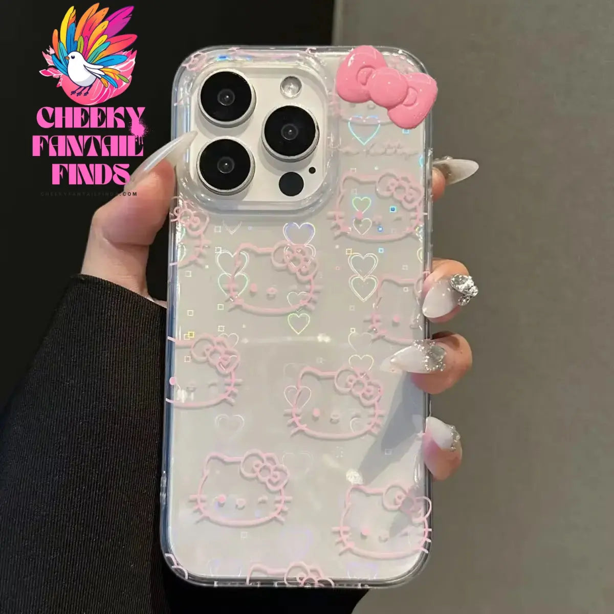 Sanrio Hello Kitty Bow Kawaii Holder Phone Case For iPhone 16 15 14 12 13 11 Pro Max XR XS MAX 7 8 PLUS MINI Y2K Bow Laser Cover Cheeky Fantail Finds