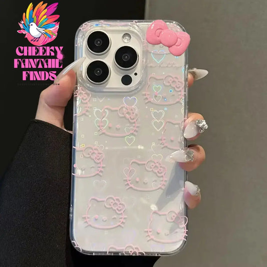 Sanrio Hello Kitty Bow Kawaii Holder Phone Case For iPhone 16 15 14 12 13 11 Pro Max XR XS MAX 7 8 PLUS MINI Y2K Bow Laser Cover Cheeky Fantail Finds