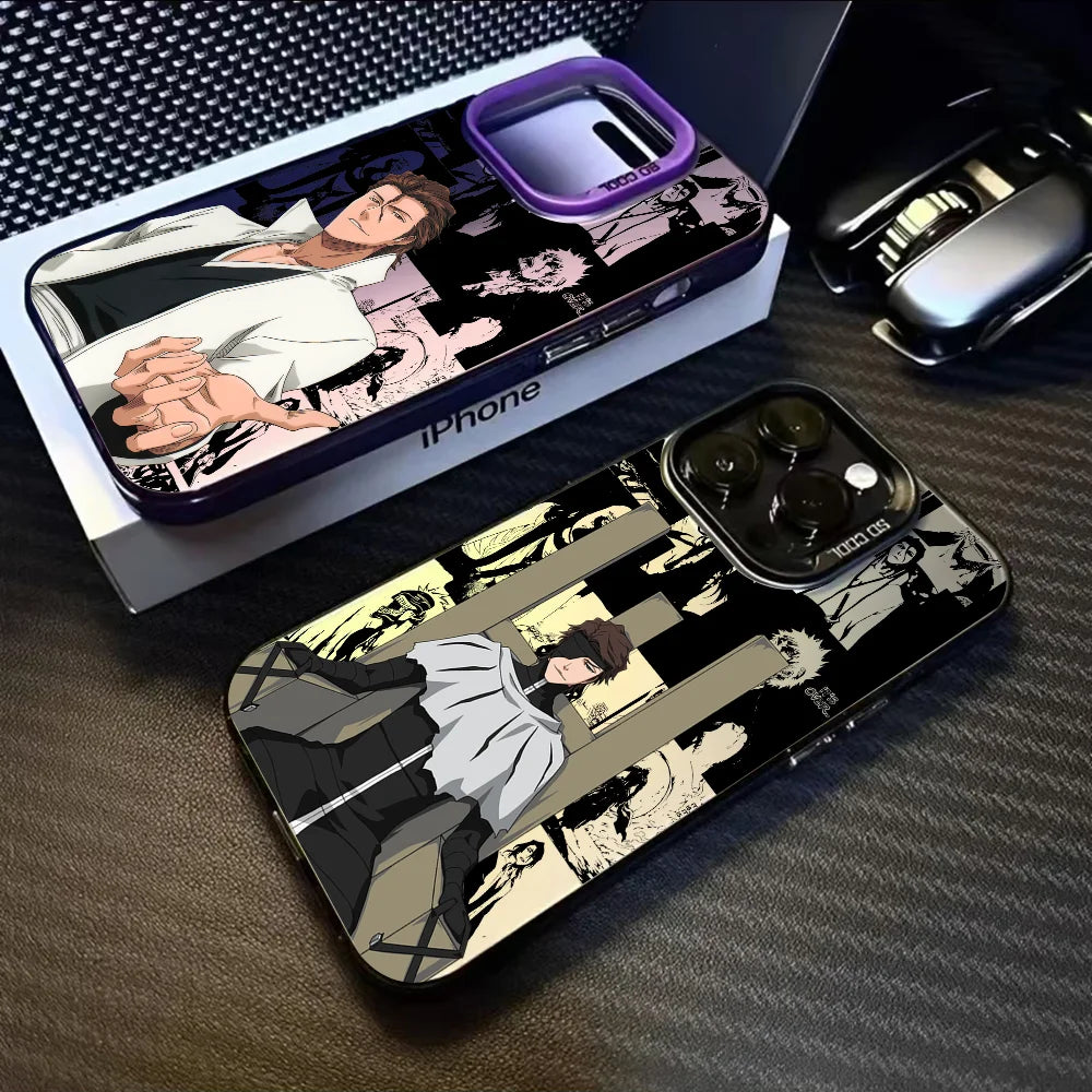Anime S-Sosuke Aizen Phone Case For iPhone 16 15 14 13 12 11 Pro Max Black Purple Matte Laser Metallic Aurora Funda