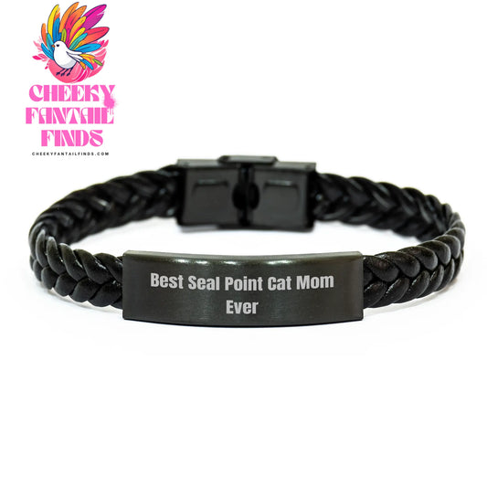 Seal Point Cat Mom Ever Interlaced Leather Bracelet, Engraved Stainless Steel, 7.87inch, Best Seal Point Cat Dad Gift, Father's Day Unique Gifts from Friends, Seal Point Cat Gifts for Mom - Image 1