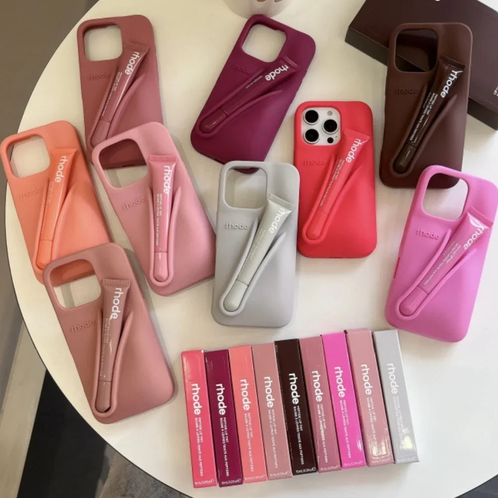 Autumn Edition New Rhode DIY Lipstick Lip Holder Soft Silicone Case For IPhone 16 15 14 13 12 11 Pro Max Plus Phone Stand Cover