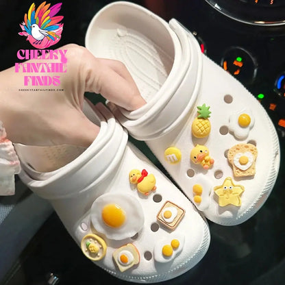 Shoe Charms DIY Food Breakfast Fried Eggs Decoration Buckle for Hole Shoe Charm Set Accessories Kids Party Girls Gift Cheeky Fantail Finds