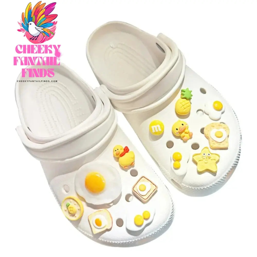 Shoe Charms DIY Food Breakfast Fried Eggs Decoration Buckle for Hole Shoe Charm Set Accessories Kids Party Girls Gift Cheeky Fantail Finds