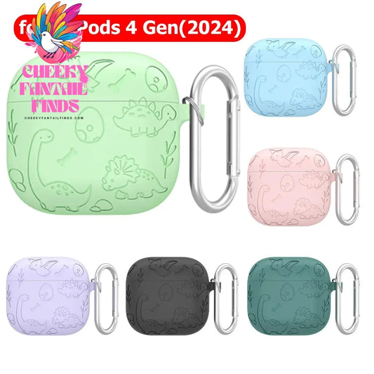 Silicone Case Protector with Carabiner Engraved Flower Dinosaur Case Soft Silicone Skin Protective Case for AirPods 4 Gen (2024) Cheeky Fantail Finds