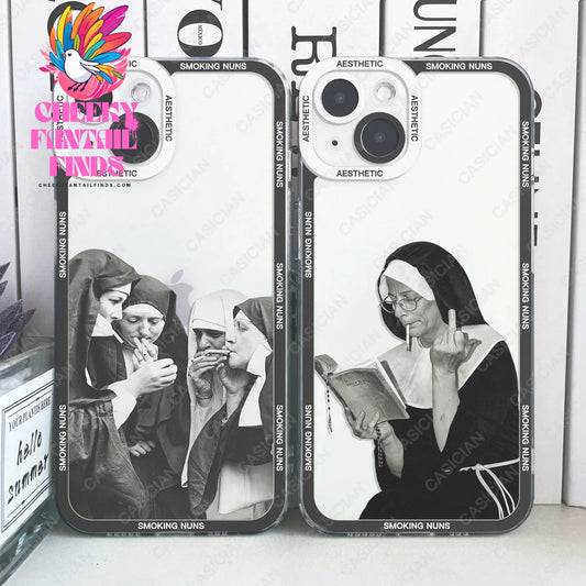 Smoking Nuns Art Aesthetic Phone Case For iPhone 16 15 14 13 12 11 Pro Max Mini XS X XR SE 7 8 Plus Soft Cover Cheeky Fantail Finds
