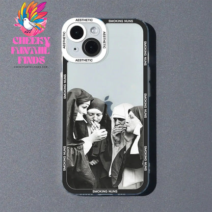 Smoking Nuns Art Aesthetic Phone Case For iPhone 16 15 14 13 12 11 Pro Max Mini XS X XR SE 7 8 Plus Soft Cover Cheeky Fantail Finds