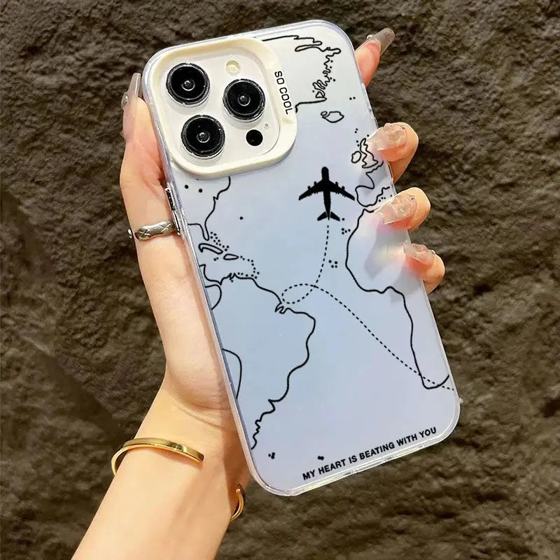 Travel-Inspired Airplane Route Design TPU Basic Case for iPhone 16 15 Pro Max 14 13 12 11 XS X XR 7 8 Plus Matte Hard Back Cover Cheeky Fantail Finds