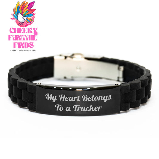 Trucker's Heart Belongs to a Trucker, Funny Glide lock Clasp Bracelet Gifts from Men for Trucker's Mom on Mother's Day - Adjustable Silicone Black Stainless Steel Silver Clasp - Image 1