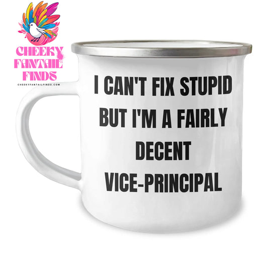 Vice-Principal Camping Mug - Funny Gift from Friends or Family for Mother's Day 'I Can't Fix Stupid But I'm A Fairly Decent Vice-Principal' 12 oz Stainless Steel with Enamel Finish - Image 1