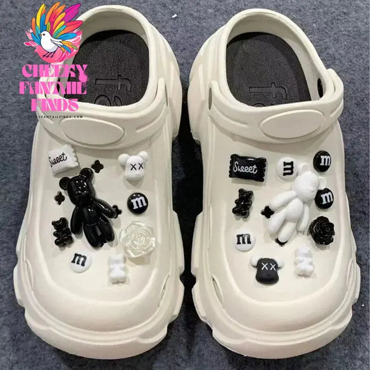 Whole Set Hot DIY Hole Shoes Charms for black and white bears Handmade Charms Designer Quality Garden Shoe Decoration Girl Gift Cheeky Fantail Finds