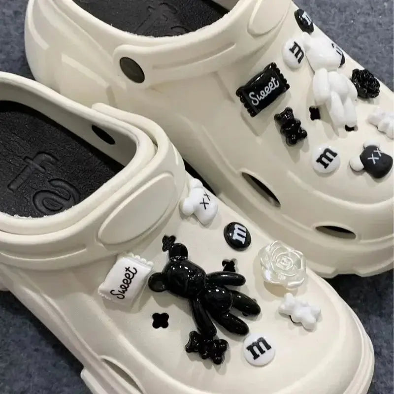 Whole Set Hot DIY Hole Shoes Charms for black and white bears Handmade Charms Designer Quality Garden Shoe Decoration Girl Gift Cheeky Fantail Finds