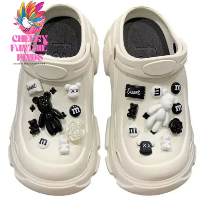 Whole Set Hot DIY Hole Shoes Charms for black and white bears Handmade Charms Designer Quality Garden Shoe Decoration Girl Gift Cheeky Fantail Finds