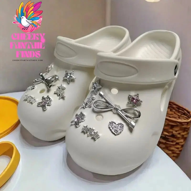 Whole Set Hot Sale DIY Hole Shoes Charms Silver bow five star Accessories Designer Quality Garden Shoe Decoration Girl Gift Cheeky Fantail Finds