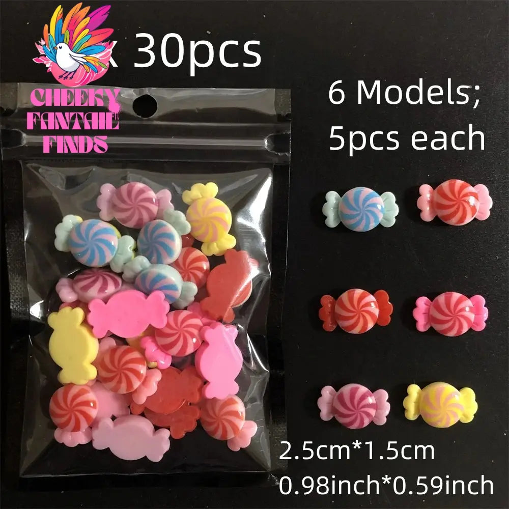 Y2K Hot Pink 30pcs Mix Heart Bear Candy Loiipop Resin Parts Handmade Phose Case Hair Girls Long Nail Art Big Decoraiton Charms Cheeky Fantail Finds