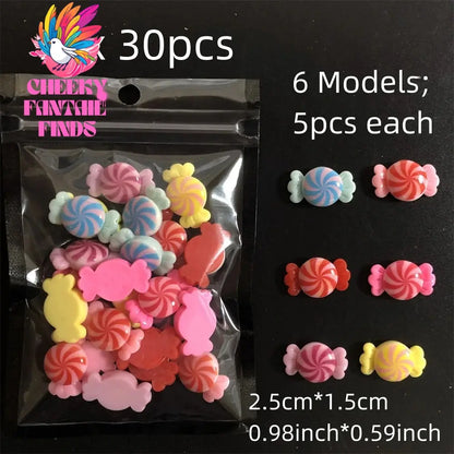 Y2K Hot Pink 30pcs Mix Heart Bear Candy Loiipop Resin Parts Handmade Phose Case Hair Girls Long Nail Art Big Decoraiton Charms Cheeky Fantail Finds