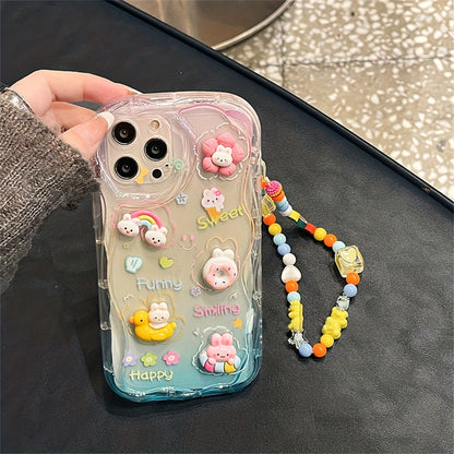 Vibrant Cartoon Phone Case - 3D Rabbit Flower Design, Transparent, Soft, Clear Candy Cover with Fruit, Duck, Love Heart, Star, Bear Chain Lanyard - Compatible with iPhone 14 Pro Max, 14 Plus, 12 Pro, 13, 11 XR