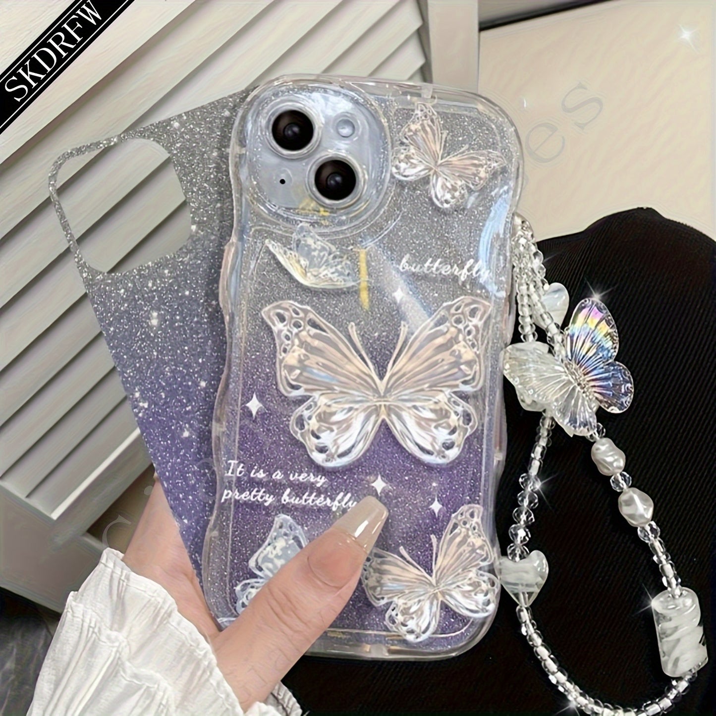 Laser Butterfly Artificial Pearl Crystal Anti-lost Bracelet Super Flash Dream Butterfly Phone Case For iPhone 14 13 12 11 Pro MAX Plus + Mini X/XS XR XSMax 7/8 7Plus/8Plus