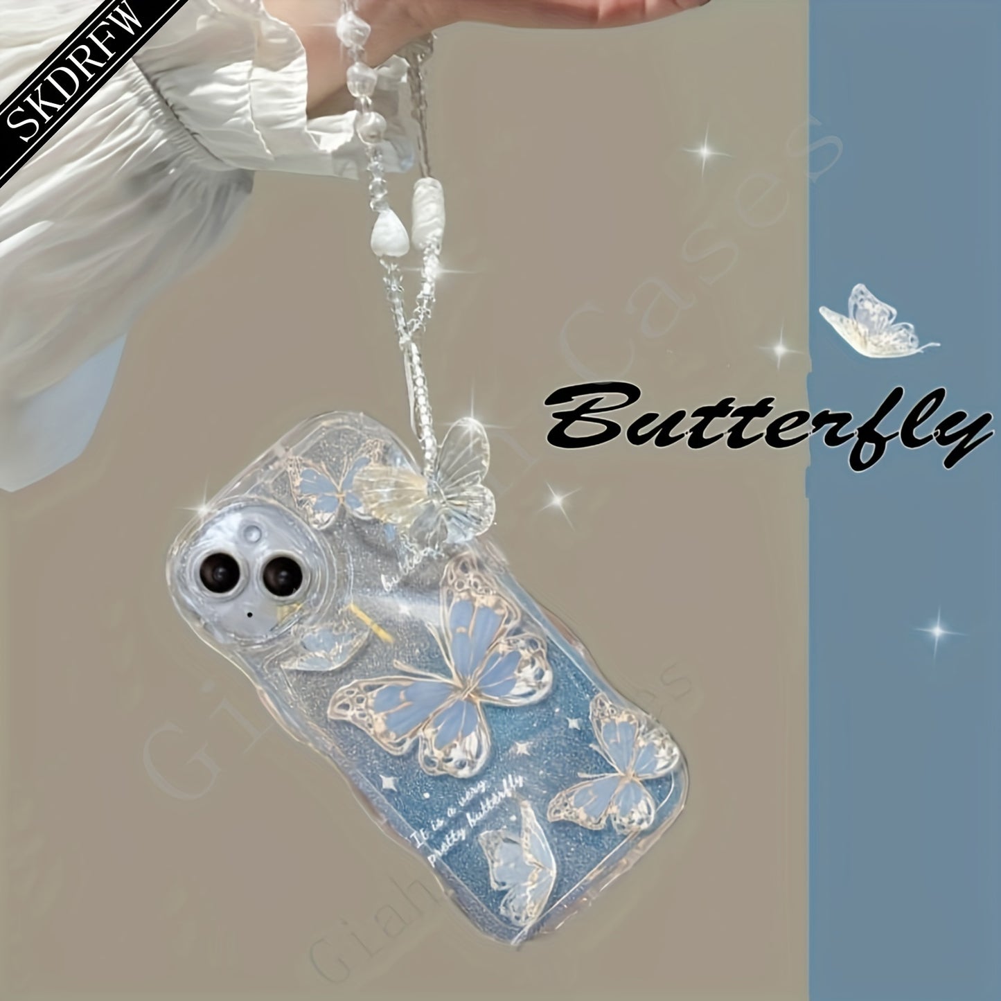 Laser Butterfly Artificial Pearl Crystal Anti-lost Bracelet Super Flash Dream Butterfly Phone Case For iPhone 14 13 12 11 Pro MAX Plus + Mini X/XS XR XSMax 7/8 7Plus/8Plus