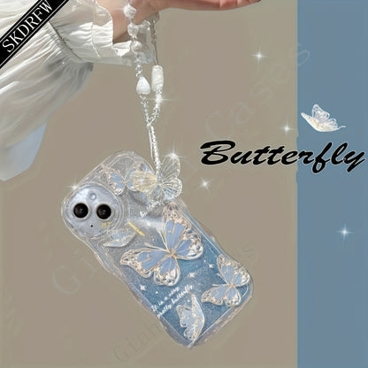 Laser Butterfly Artificial Pearl Crystal Anti-lost Bracelet Super Flash Dream Butterfly Phone Case For iPhone 14 13 12 11 Pro MAX Plus + Mini X/XS XR XSMax 7/8 7Plus/8Plus
