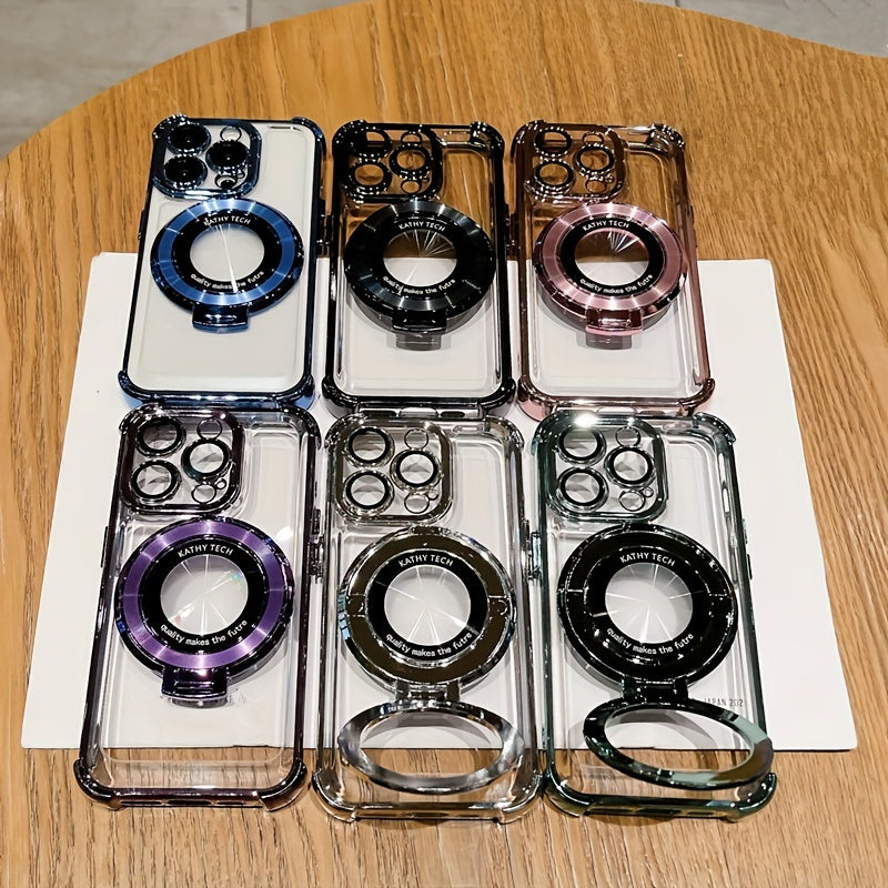 Luxury Electroplated Bracket Magnetic Suction Phone Case For IPhone 15 14Plus 13 12 11 15Pro Max Anti-drop Shell With HD Lens Film