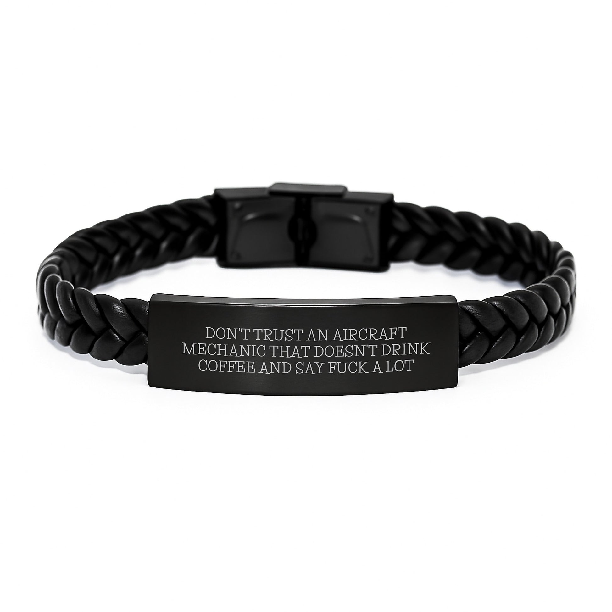 Funny Gift for Aircraft Mechanic - Interlaced Leather Bracelet, 'Don't Trust An Aircraft Mechanic That Doesn't Drink Coffee And Say F--k A Lot' Quote, Graduation Unique Gifts from Friends and Family - Image 1