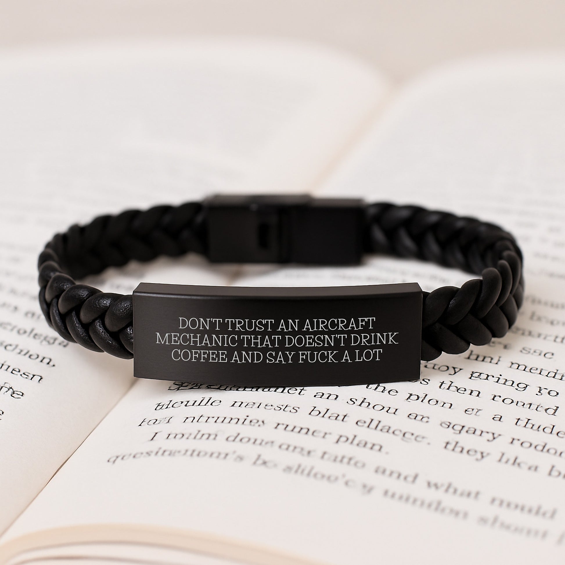 Funny Gift for Aircraft Mechanic - Interlaced Leather Bracelet, 'Don't Trust An Aircraft Mechanic That Doesn't Drink Coffee And Say F--k A Lot' Quote, Graduation Unique Gifts from Friends and Family - Image 3