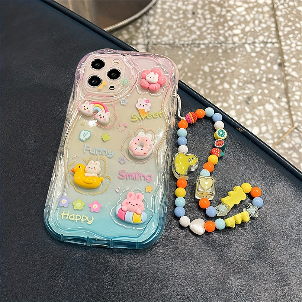 Vibrant Cartoon Phone Case - 3D Rabbit Flower Design, Transparent, Soft, Clear Candy Cover with Fruit, Duck, Love Heart, Star, Bear Chain Lanyard - Compatible with iPhone 14 Pro Max, 14 Plus, 12 Pro, 13, 11 XR